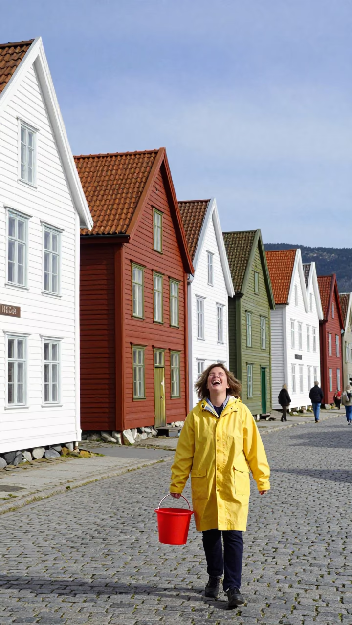 Colorful Hanakvs Street Scene in Bergen Norway with Traditional Wooden Houses and Midday Pedestrians in in Bergen, Norway