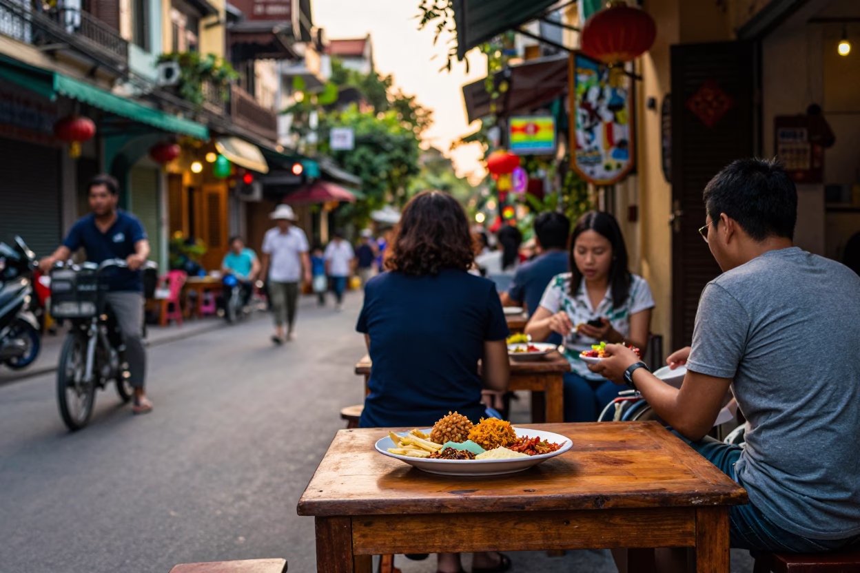 Colorful Hanoi Street Scene Late Afternoon with Traditional Plate and Tea Stains in in Hanoi, Vietnam