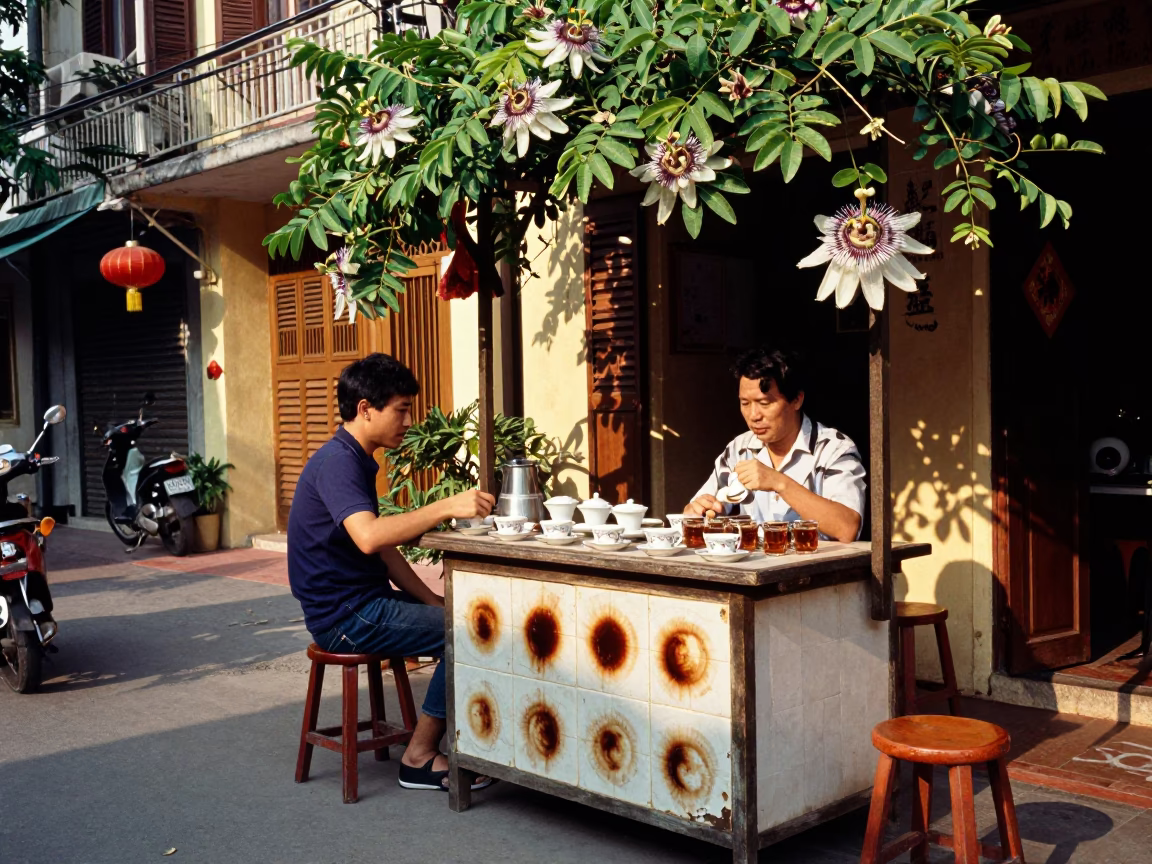 Colorful Hanoi Street Scene with Passion Flower and Tea Stains in Late Afternoon Light in in Hanoi, Vietnam