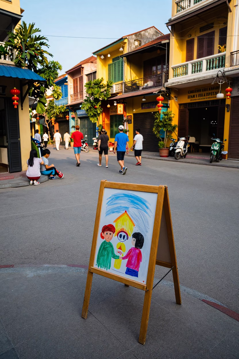 Colorful Hanoi Street Scene with Preschool Art and Local Life in Late Afternoon Light in in Hanoi, Vietnam