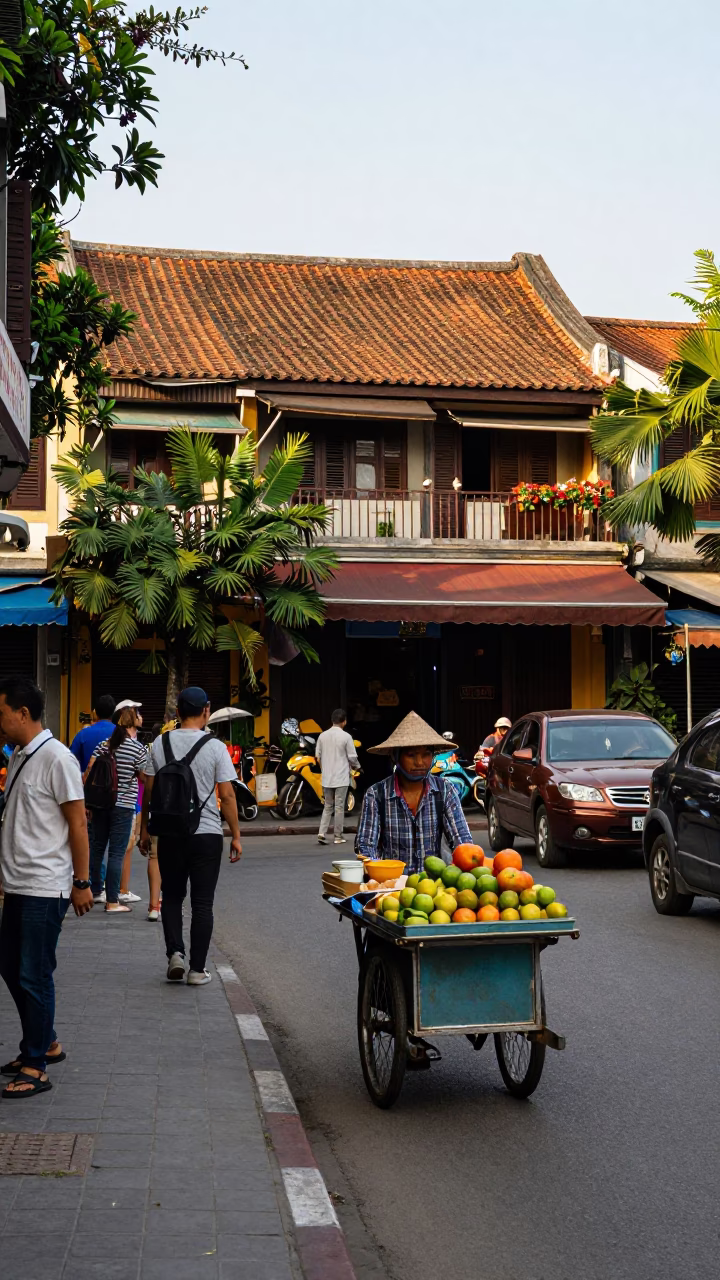 Colorful Hanoi Vietnam Street Scene Early Afternoon Traffic and Traditional Architecture in in Hanoi, Vietnam