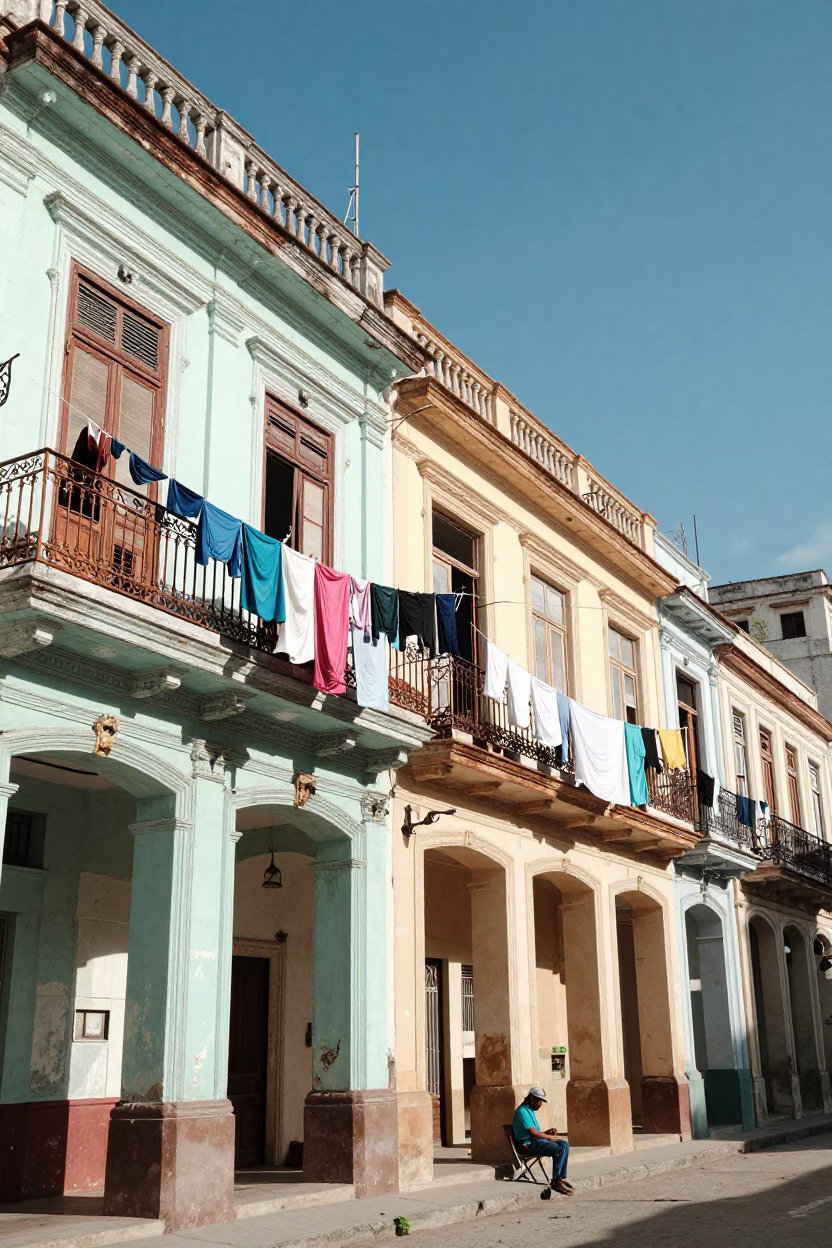 Colorful Havana Balcony Laundry Drying in Clear Afternoon Sunlight in in Havana, Cuba