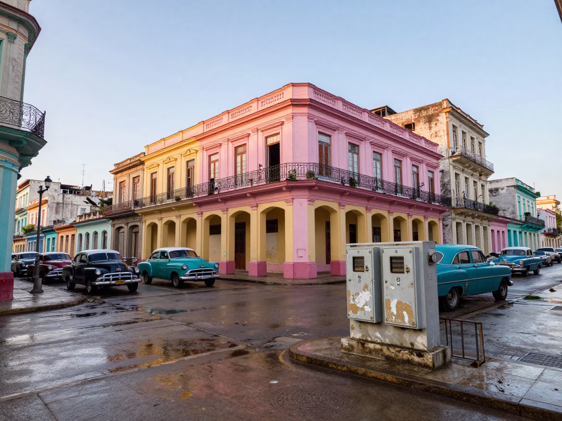 Colorful Havana Cuba Early Morning Street Scene with Vintage Cars and Local Life in in Havana, Cuba