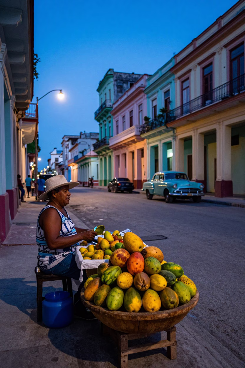 Colorful Havana Cuba Evening Street Scene with Fruit Vendor and Cobblestone Plaza in in Havana, Cuba