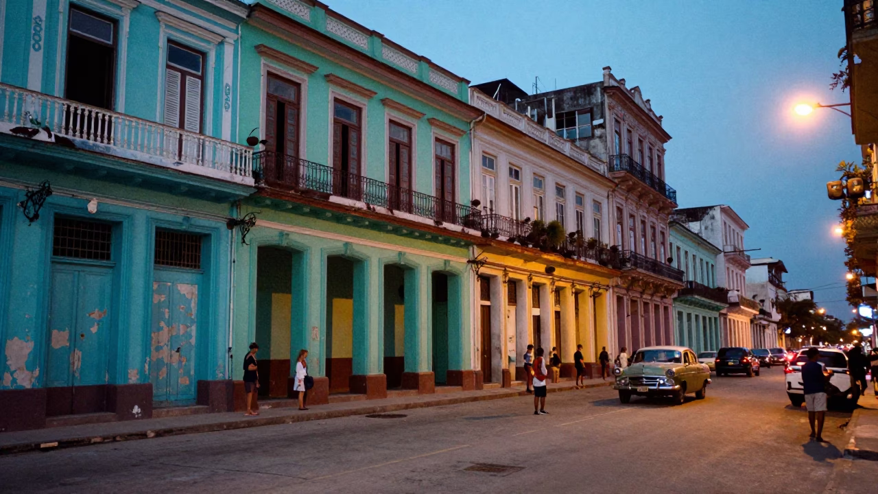 Colorful Havana Cuba Evening Street Scene with Sun Stripe and Door Handle in in Havana, Cuba