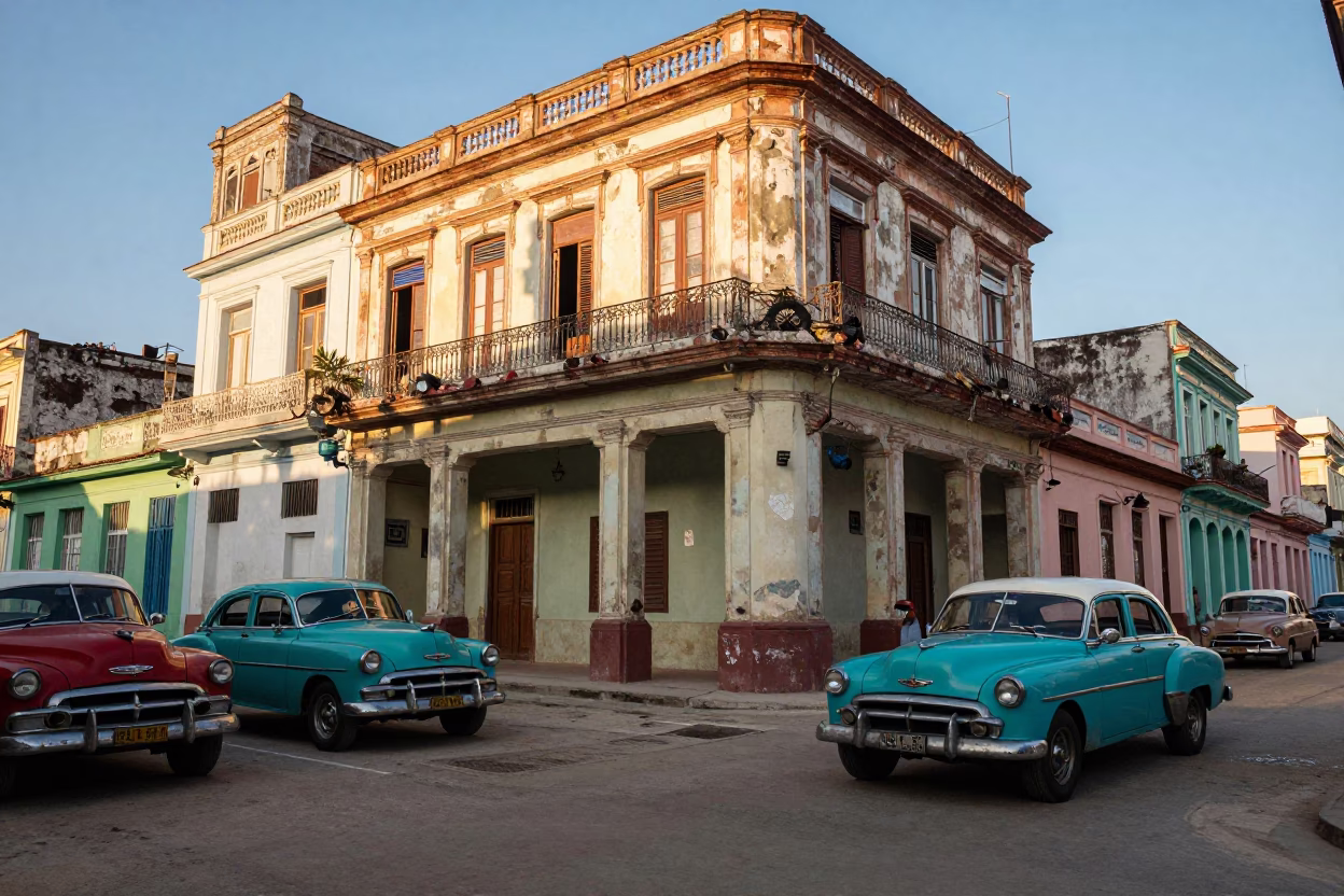 Colorful Havana Cuba Late Afternoon Street Scene with Vintage Cars and Local Life in in Havana, Cuba
