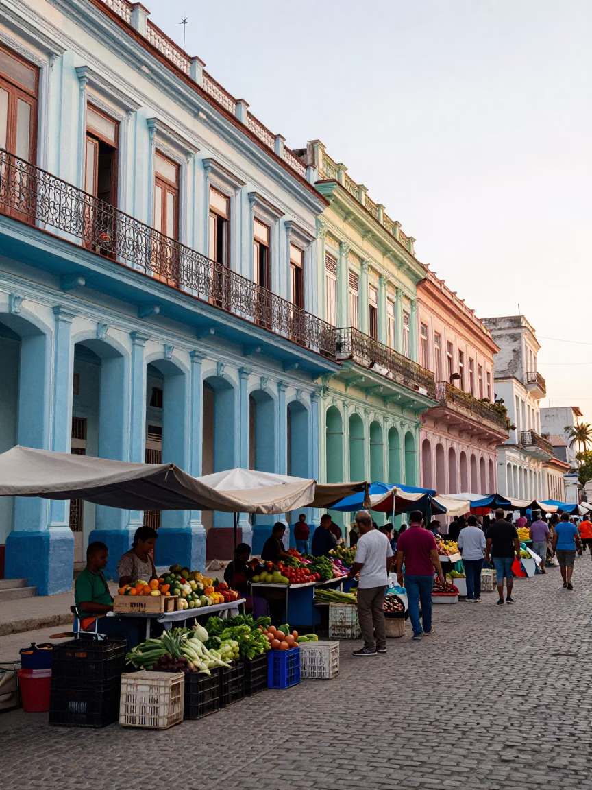 Colorful Havana Cuba Street Scene After Sunrise With Local Market Activity in in Havana, Cuba