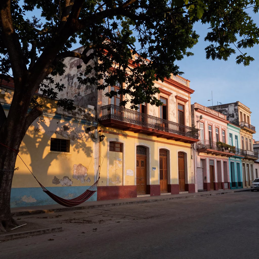 Colorful Havana Cuba Street Scene at Nautical Dawn with Hammock and Leaf Shadows in in Havana, Cuba
