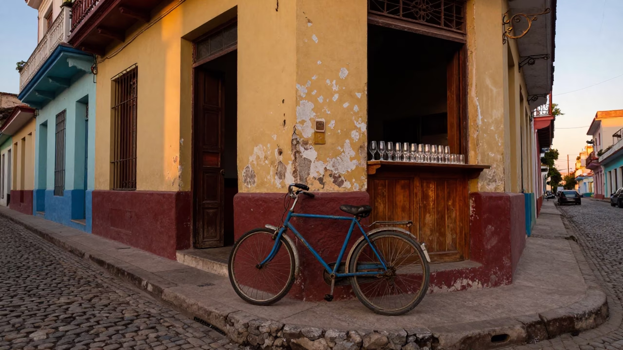 Colorful Havana Cuba Street Scene at Sunset with Bicycle and Glass Tumblers in in Havana, Cuba