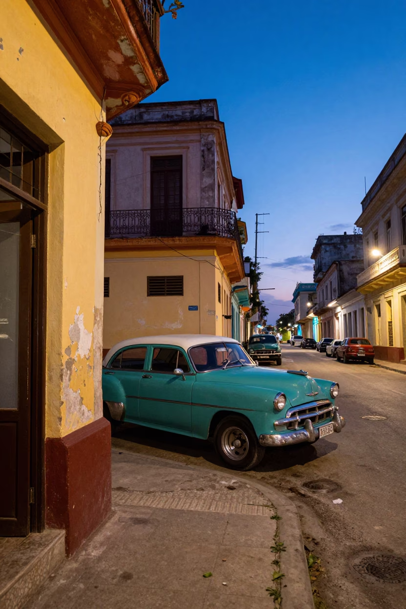 Colorful Havana Cuba Street Scene at Twilight with Vintage Car and Peeling Paint in in Havana, Cuba
