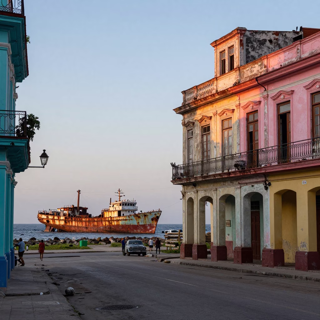 Colorful Havana Cuba Street Scene Early Evening with Rusting Ship and Wooden Hanger in in Havana, Cuba