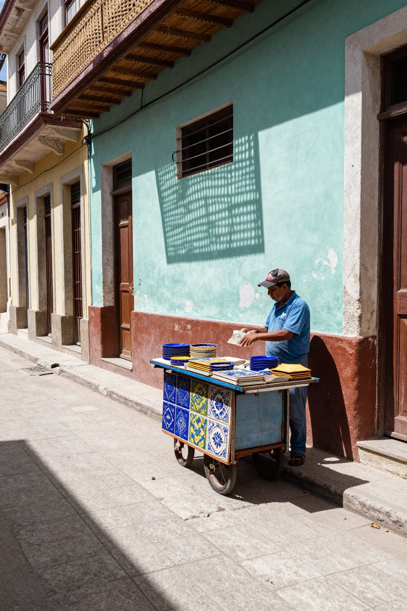 Colorful Havana Cuba Street Scene Midday with Ceramic Tiles and Wicker Shadows in in Havana, Cuba