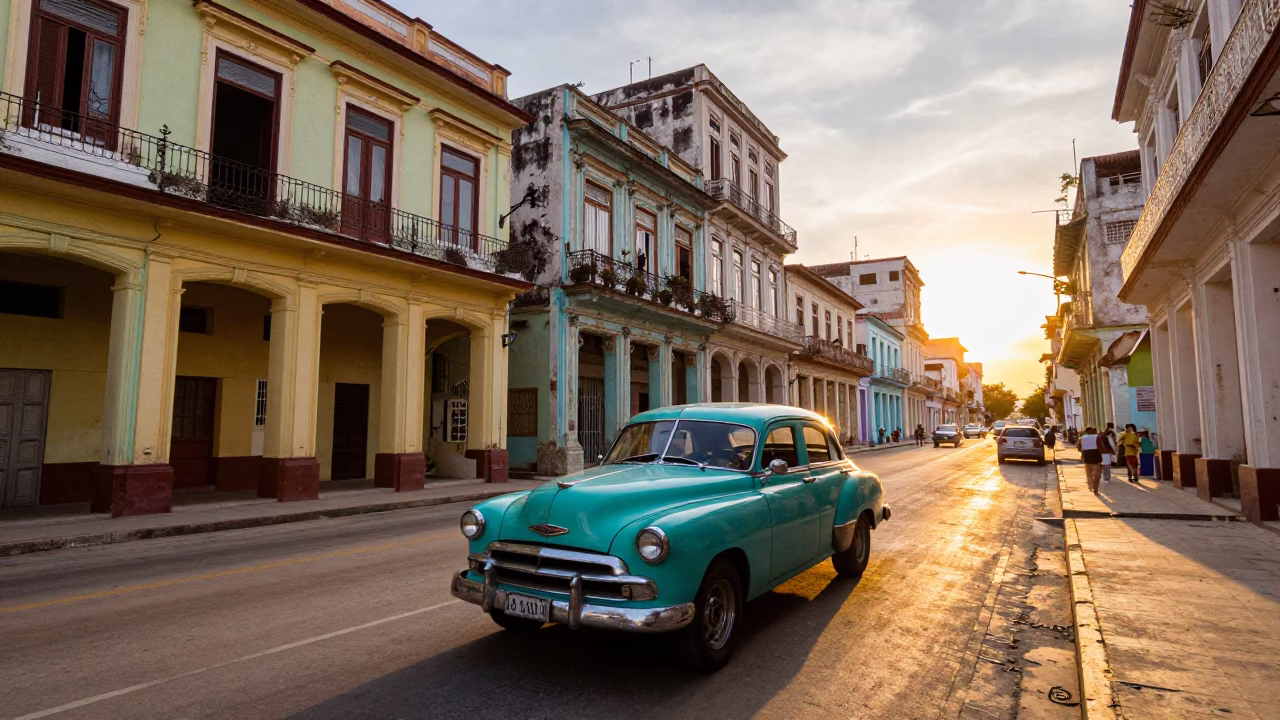 Colorful Havana Cuba Street Scene with Vintage Car and Local Vendor at Sunset in in Havana, Cuba