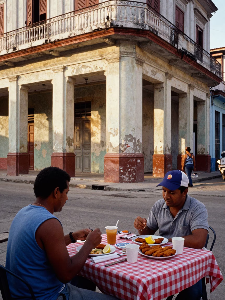 Colorful Havana Street Breakfast with Peeling Paint and Morning Light in Cuba in in Havana, Cuba