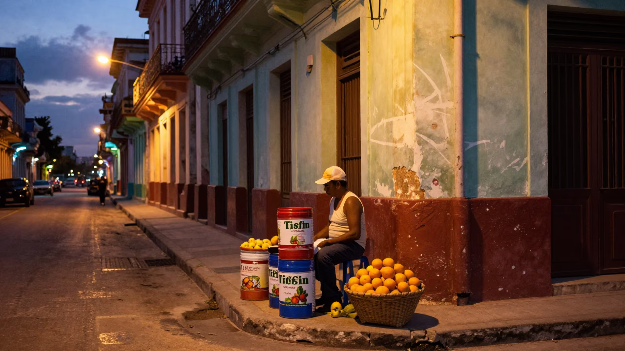 Colorful Havana Street Corner at Twilight with Tiffin Tin and Oranges in in Havana, Cuba
