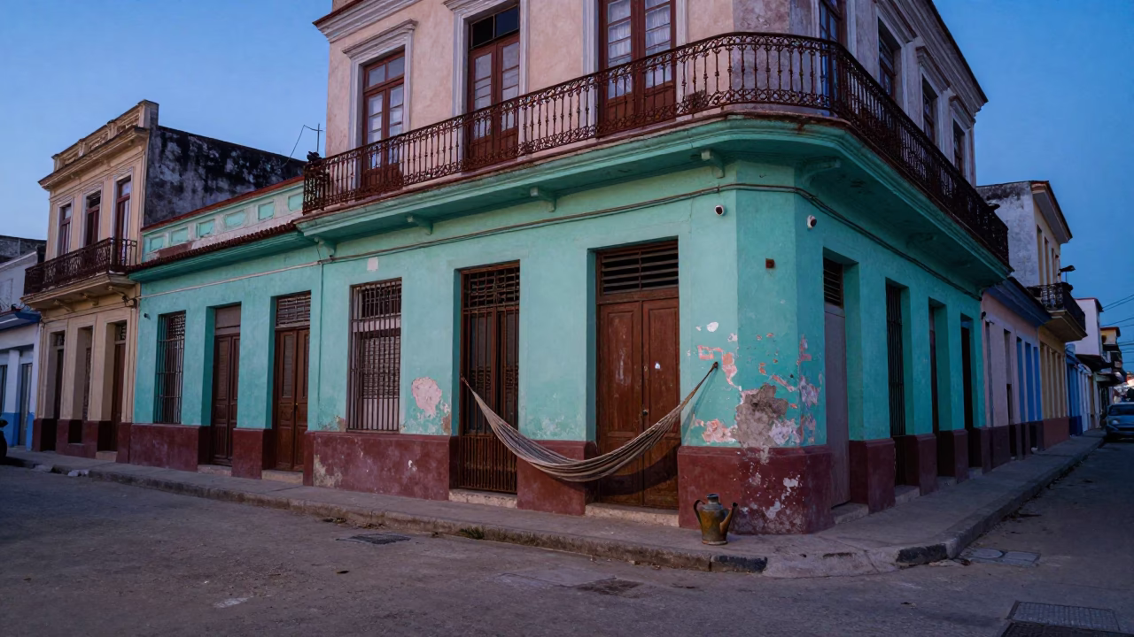 Colorful Havana Street Corner Before Dawn with Watering Jug and Hammock in in Havana, Cuba