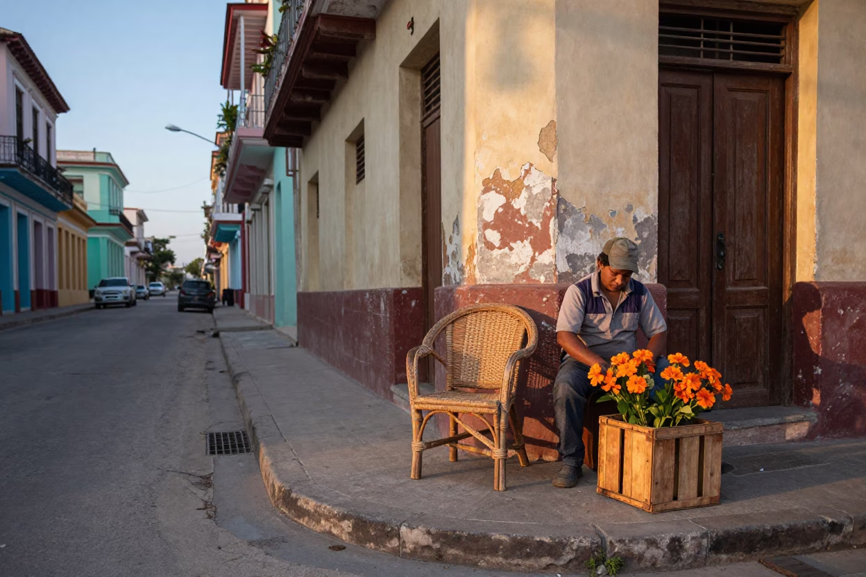 Colorful Havana Street Corner Before Sunrise with Rattan Chair and Local Life in in Havana, Cuba
