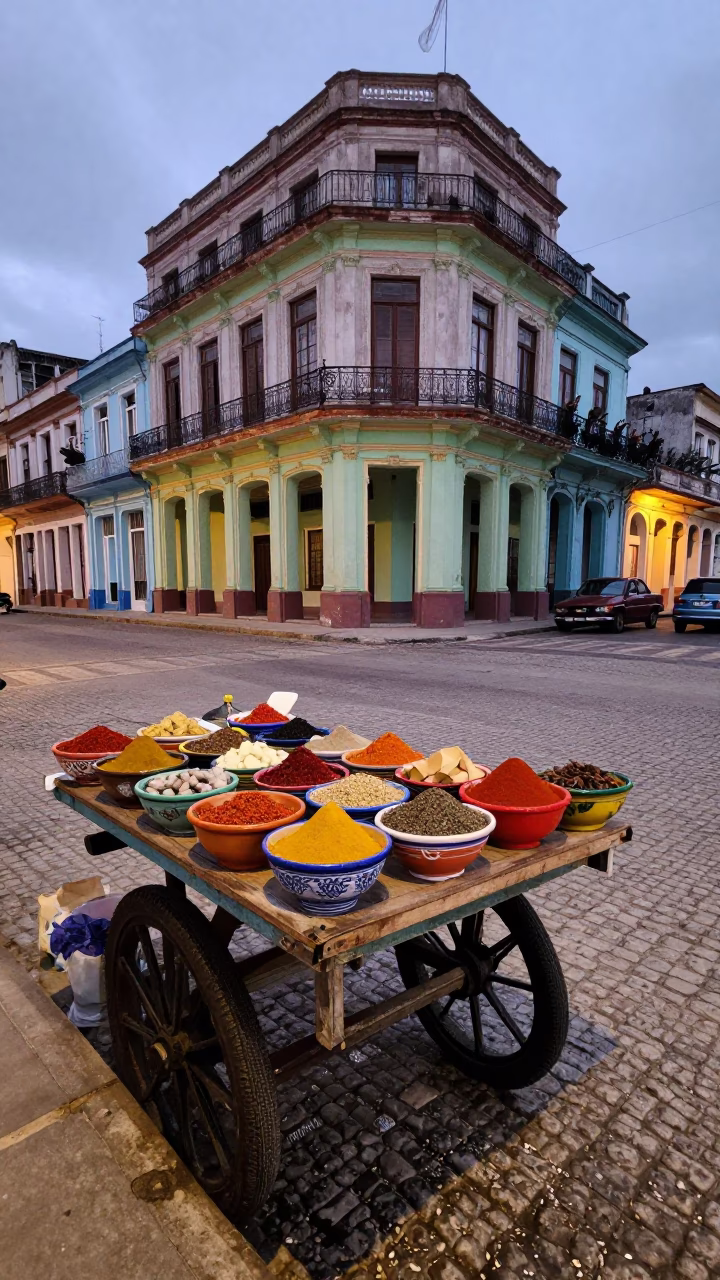 Colorful Havana Street Corner Early Evening with Local Vendor and Spices in in Havana, Cuba