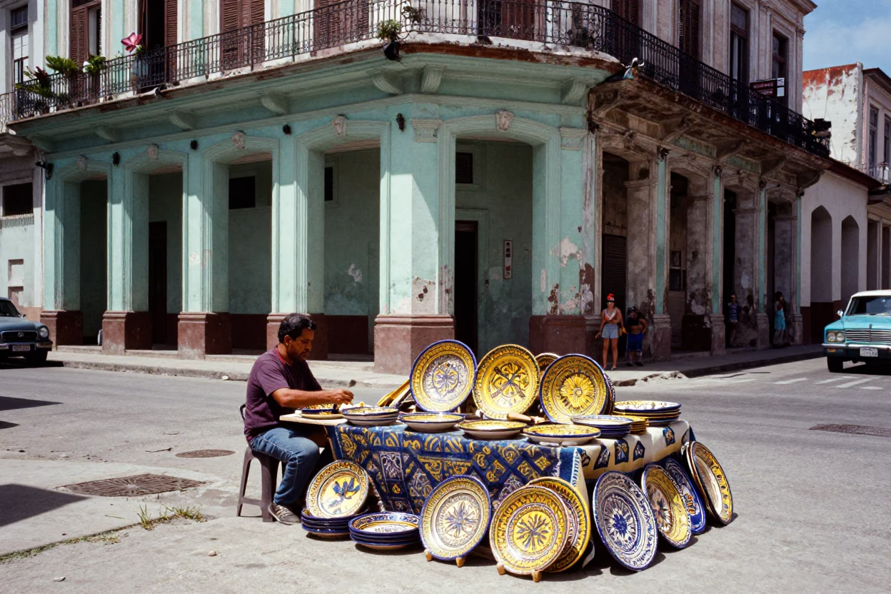 Colorful Havana Street Market Stall Displaying Traditional Majolica Plates at Midday in in Havana, Cuba