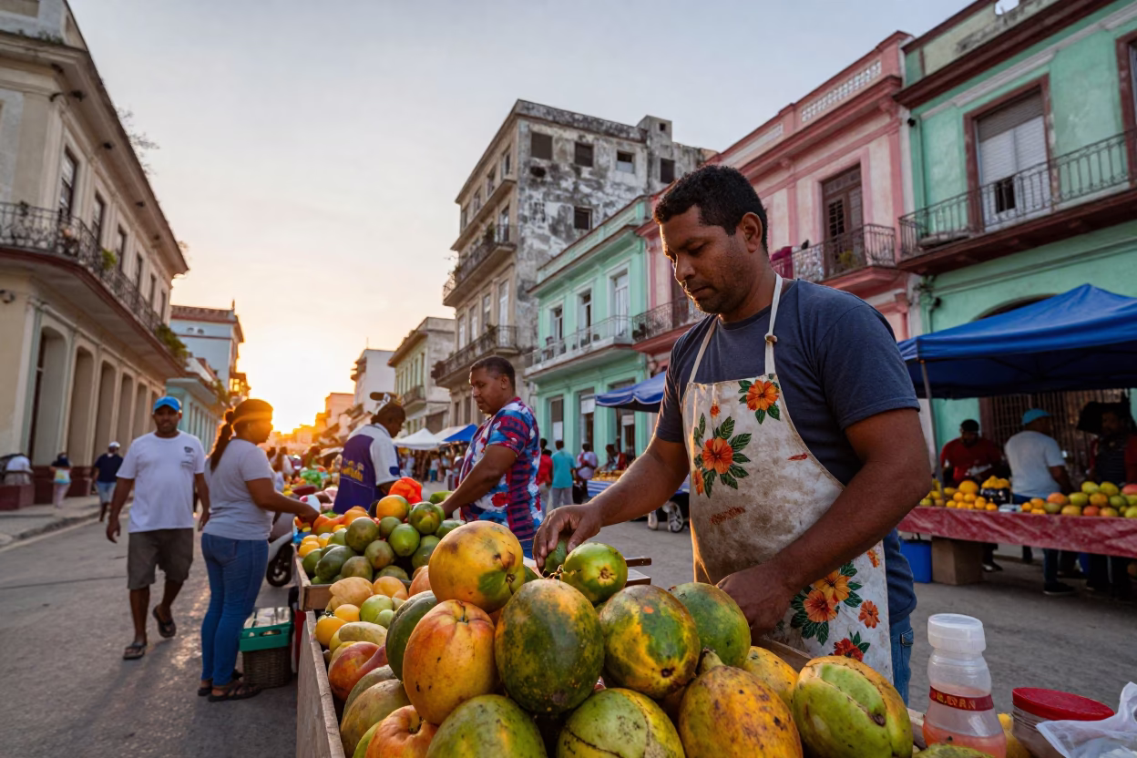 Colorful Havana Street Market Stall with Local Vendors and Traditional Woven Aprons at Sunset in in Havana, Cuba