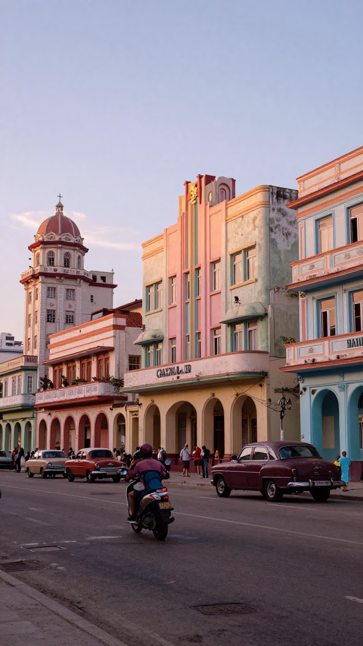Colorful Havana Street Scene at Dawn with Art Deco Facade and Local Market Activity in in Havana, Cuba
