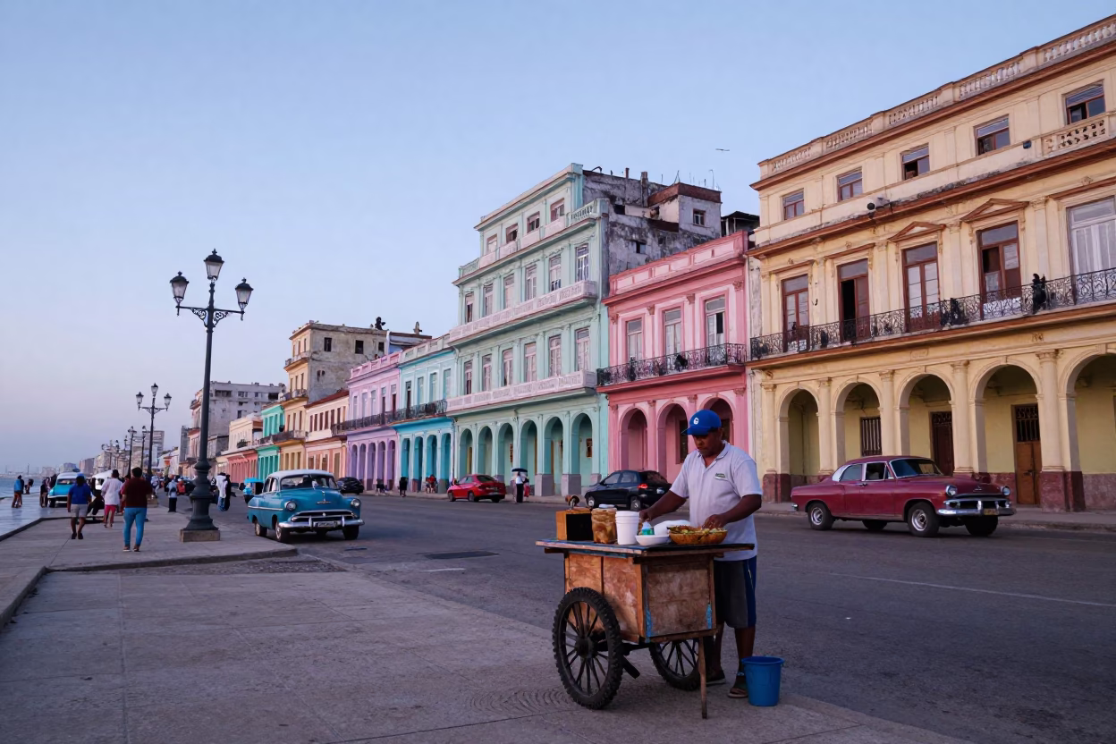 Colorful Havana Street Scene at Dawn with Local Breakfast and Vintage Car in in Havana, Cuba