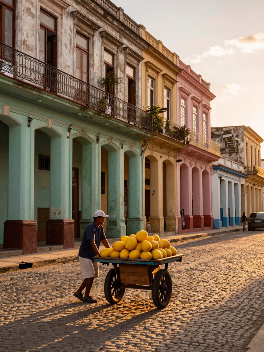 Colorful Havana Street Scene at Sunset with Rolling Cart and Melons in in Havana, Cuba