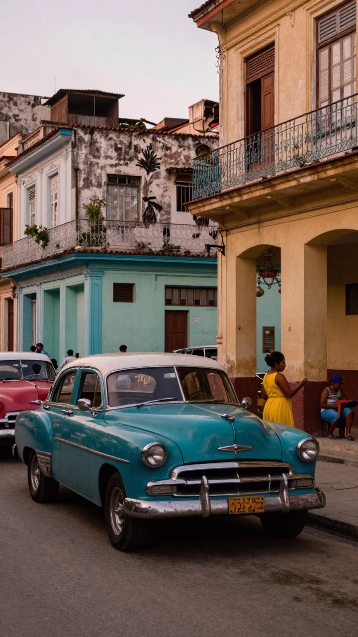 Colorful Havana Street Scene Before Dusk with Vintage Cars and Local Life in in Havana, Cuba