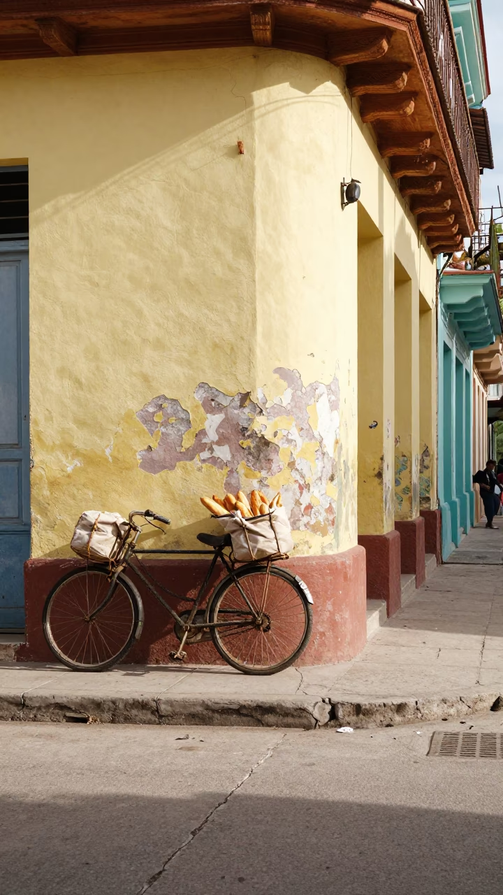 Colorful Havana Street Scene Early Afternoon with Bicycle and Local Life in in Havana, Cuba