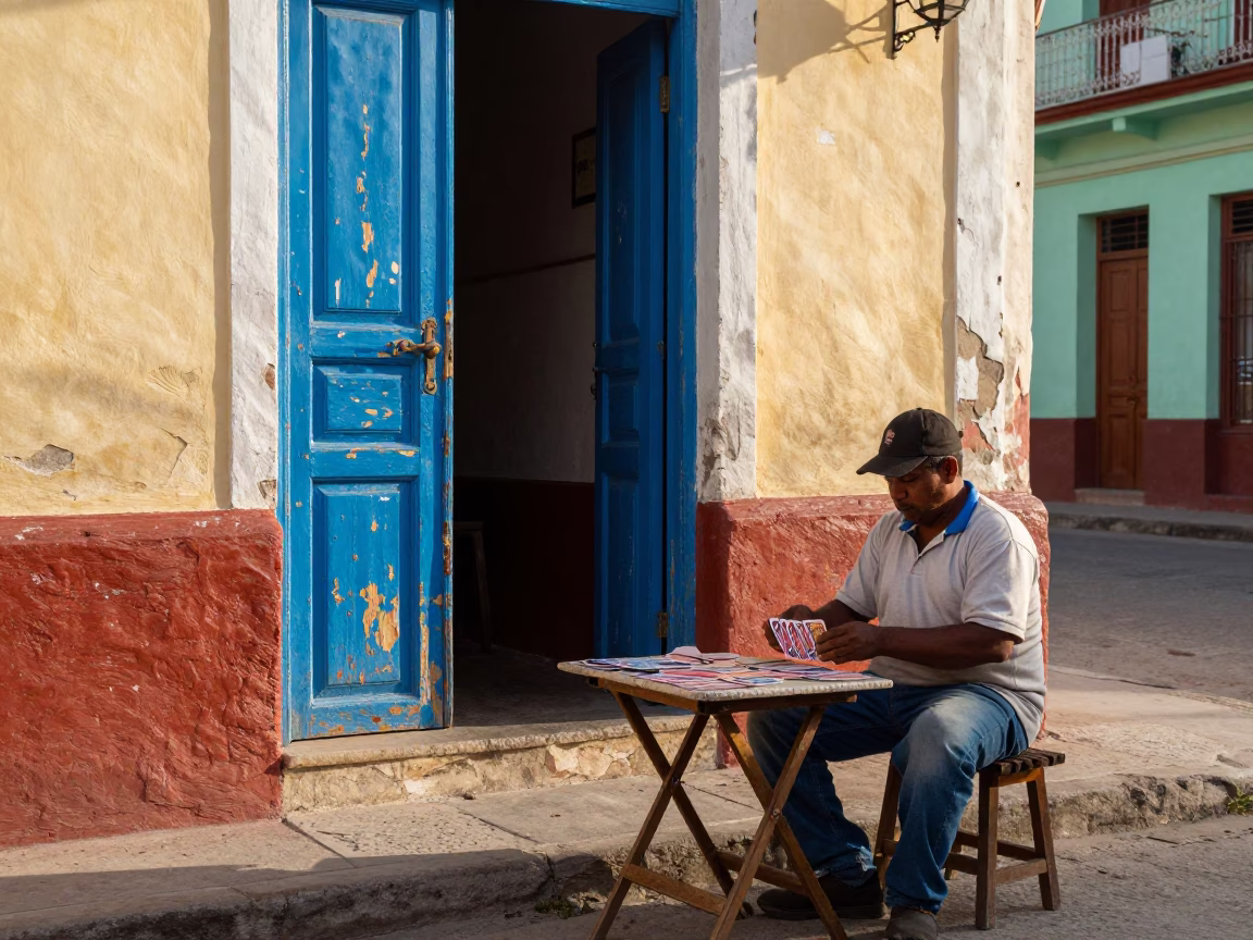 Colorful Havana Street Scene Early Afternoon with Local Vendor and Deck of Cards in in Havana, Cuba