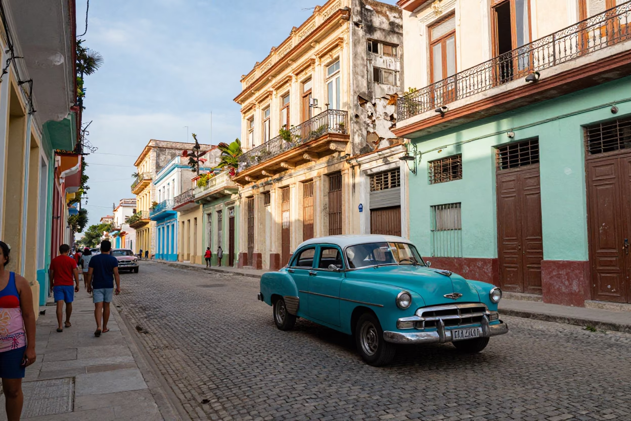 Colorful Havana Street Scene Early Afternoon with Vintage Cars and Local Life in in Havana, Cuba