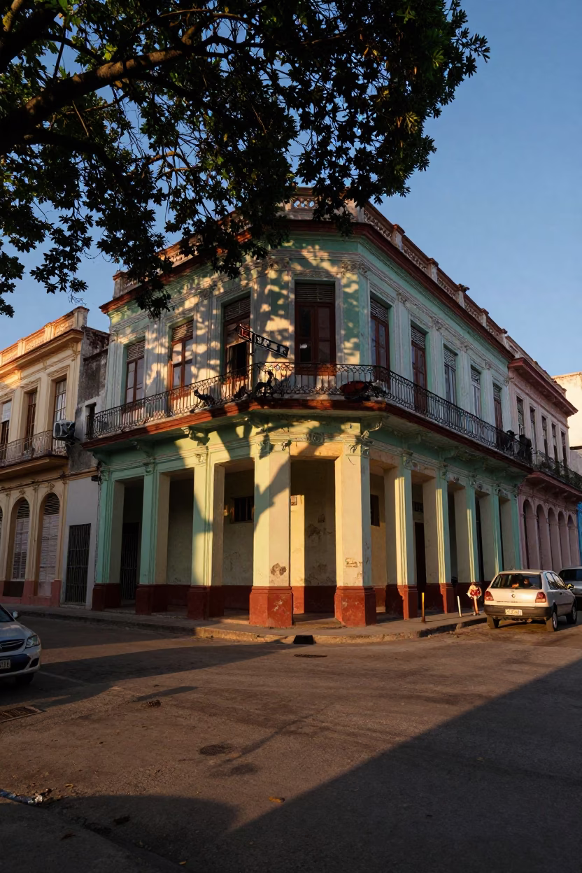 Colorful Havana Street Scene Early Evening with Leaf Shadows and Local Life in in Havana, Cuba