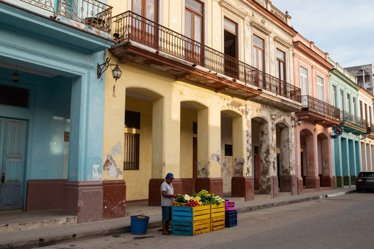 Colorful Havana Street Scene Late Morning with Painted Crate and Leather Basketball in in Havana, Cuba