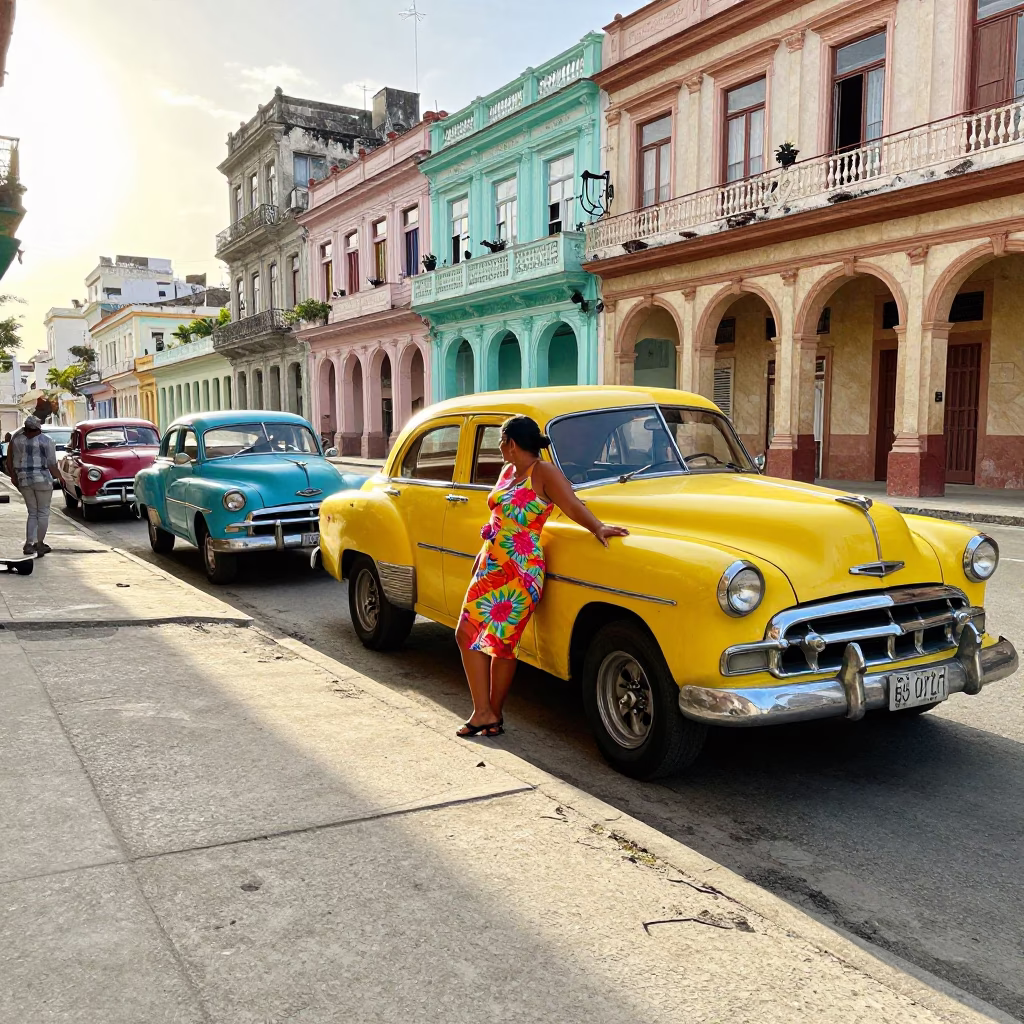Colorful Havana Street Scene Late Morning with Vintage Cars and Local Life in in Havana, Cuba