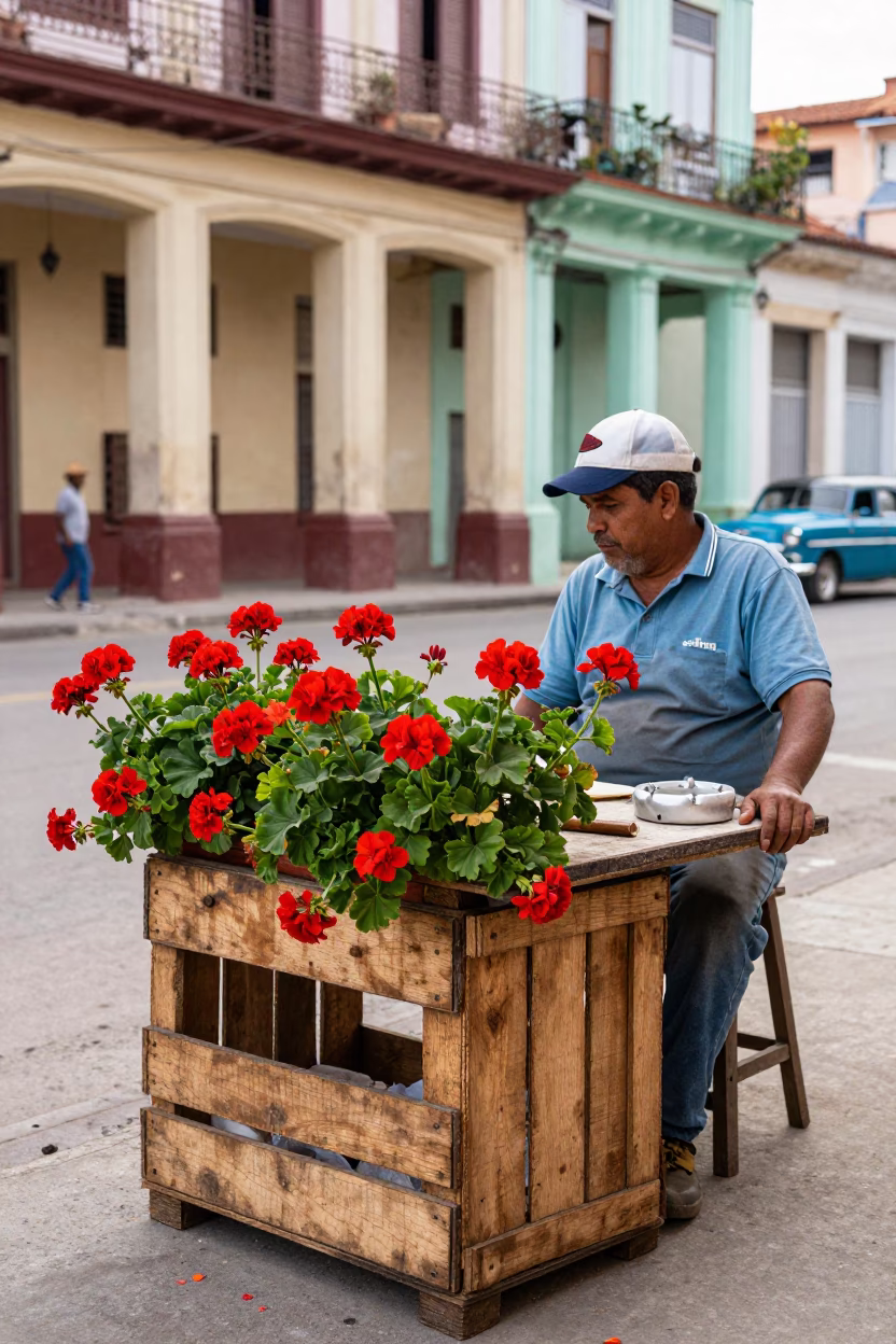 Colorful Havana Street Scene with Geraniums and Ashtray in Early Afternoon Light in in Havana, Cuba