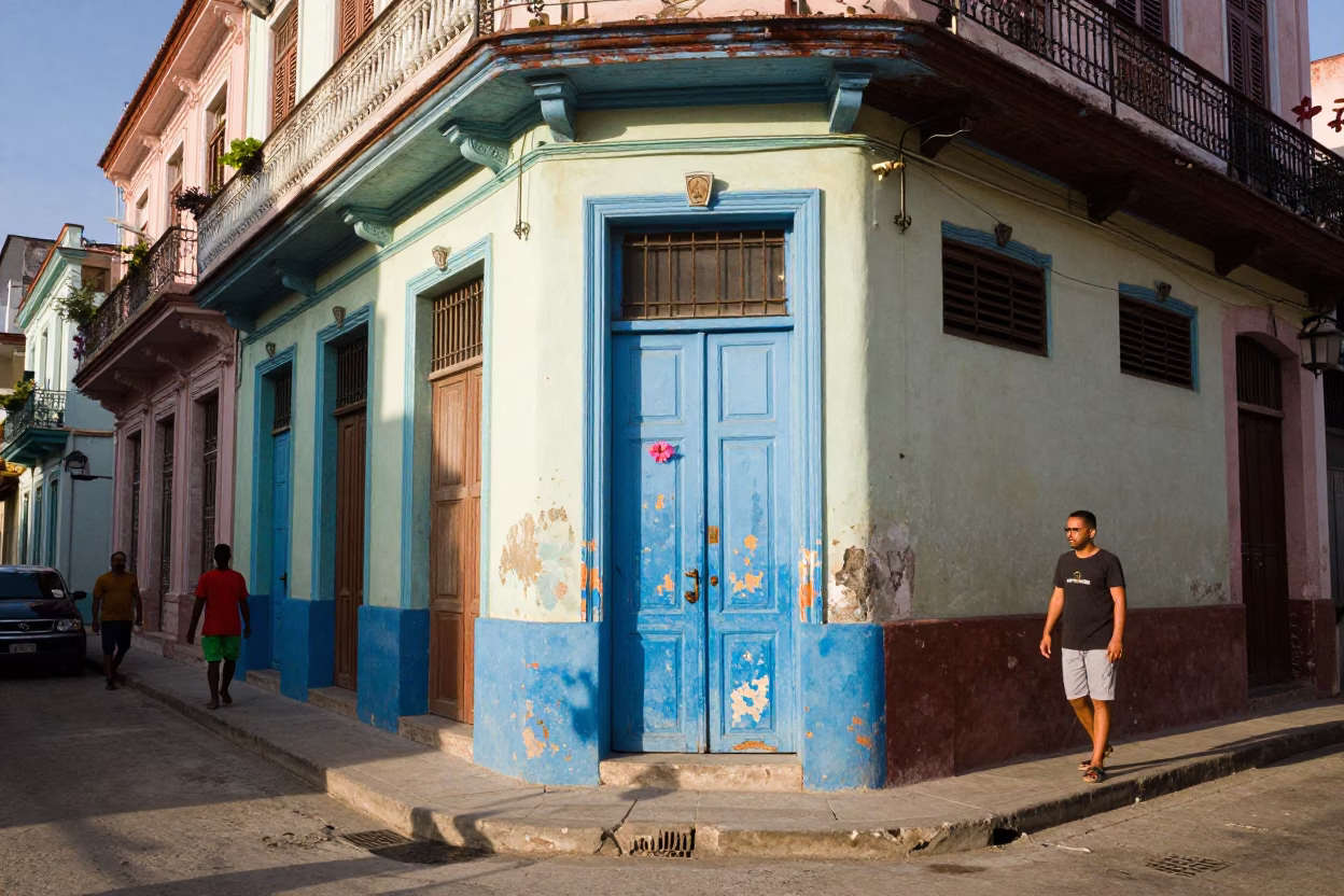 Colorful Havana Street Scene with Hibiscus Flower in Clear Late Afternoon Light in in Havana, Cuba