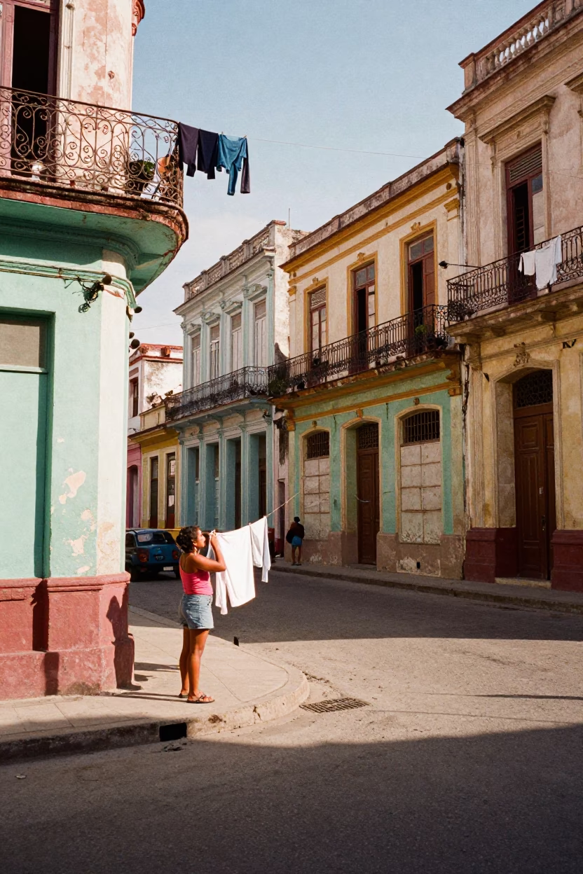 Colorful Havana Street Scene with Laundry and Funicular in Late Morning Light in in Havana, Cuba