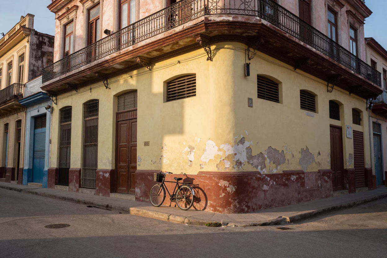 Colorful Havana Street Scene with Vintage Bicycle and Sunlight Stripes on Peeling Paint in in Havana, Cuba