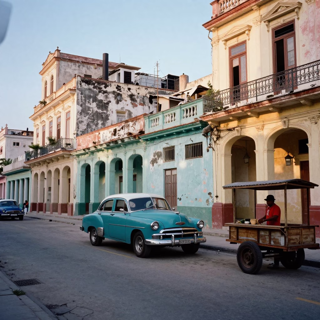 Colorful Havana Street Scene with Vintage Cars and Colonial Architecture at Sunrise in in Havana, Cuba