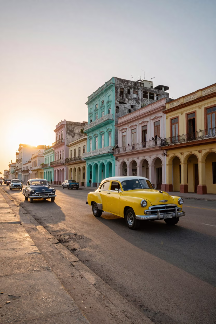 Colorful Havana Street Scene with Vintage Cars and Local Life at Sunset in in Havana, Cuba