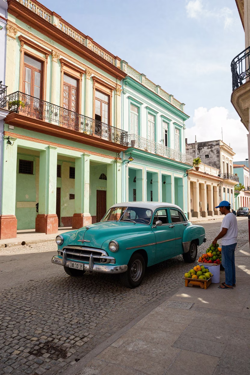 Colorful Havana Street Scene with Vintage Cars and Local Life in Early Afternoon in in Havana, Cuba