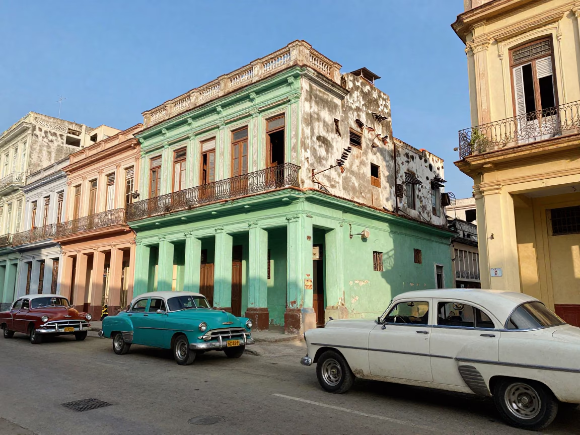 Colorful Havana Street Scene with Vintage Cars and Local Life in Late Afternoon Light in in Havana, Cuba