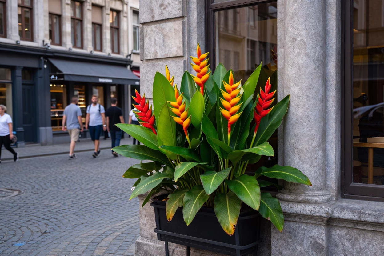 Colorful Heliconia Blooms and Street Life in Brussels Belgium Afternoon in in Brussels, Belgium