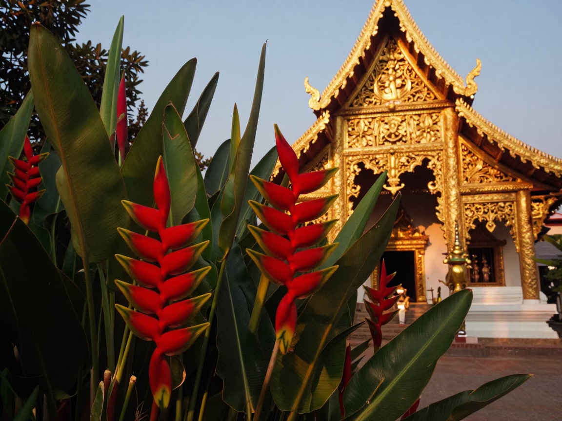 Colorful Heliconia Blooms and Temple Architecture in Golden Hour Chiang Mai Thailand in in Chiang Mai, Thailand