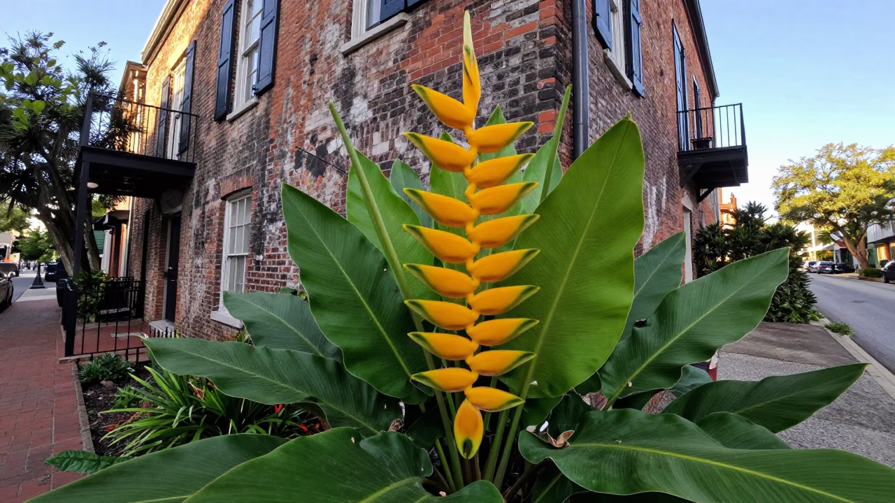 Colorful Heliconia Blooms Framing Historic Charleston South Carolina Street Scene in in Charleston, South Carolina, United States