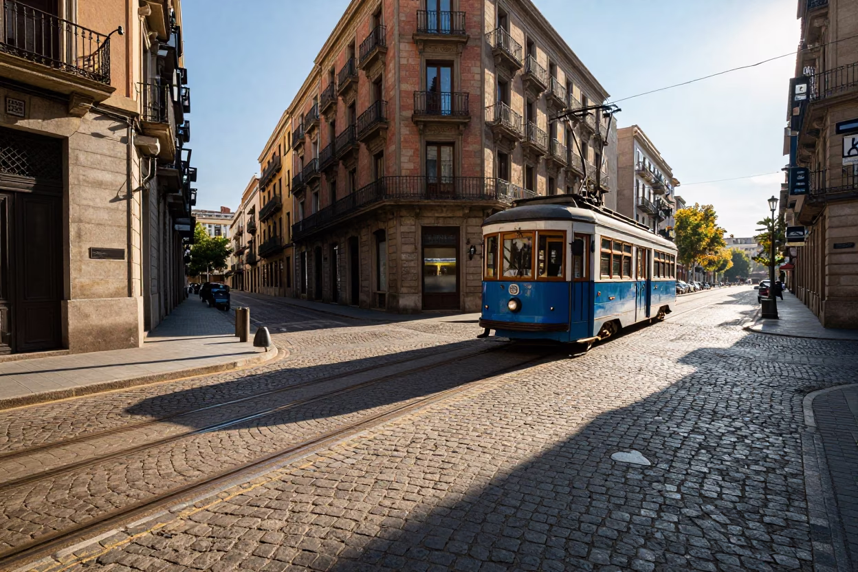 Colorful Heritage Tram Passing Cobblestone Avenue in Barcelona Late Afternoon Light in in Barcelona, Spain