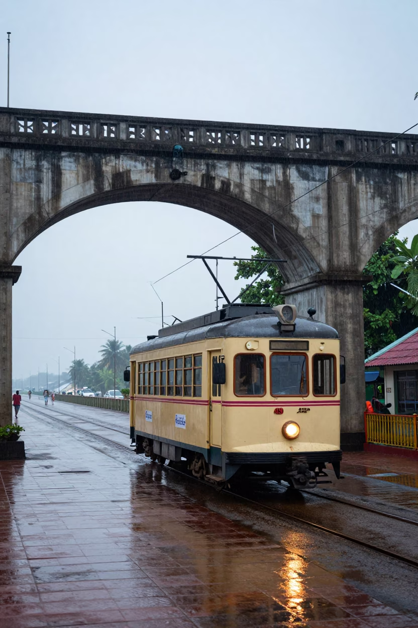 Colorful Heritage Tram Passing Under Arched Viaduct in Kochi India Early Evening Street Scene in in Kochi, India