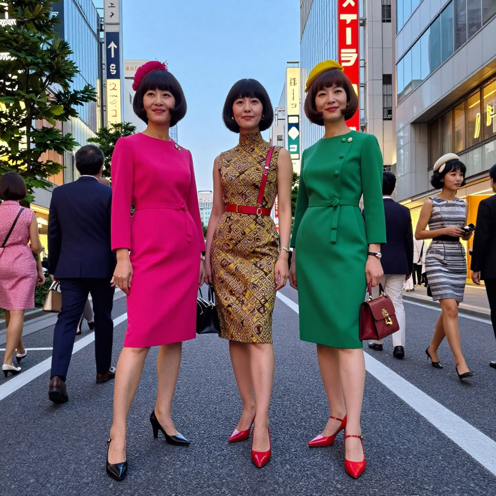 Colorful High Fashion 1960s Tokyo Street Scene Early Evening with Brushed Steel and Crate in in Tokyo, Japan