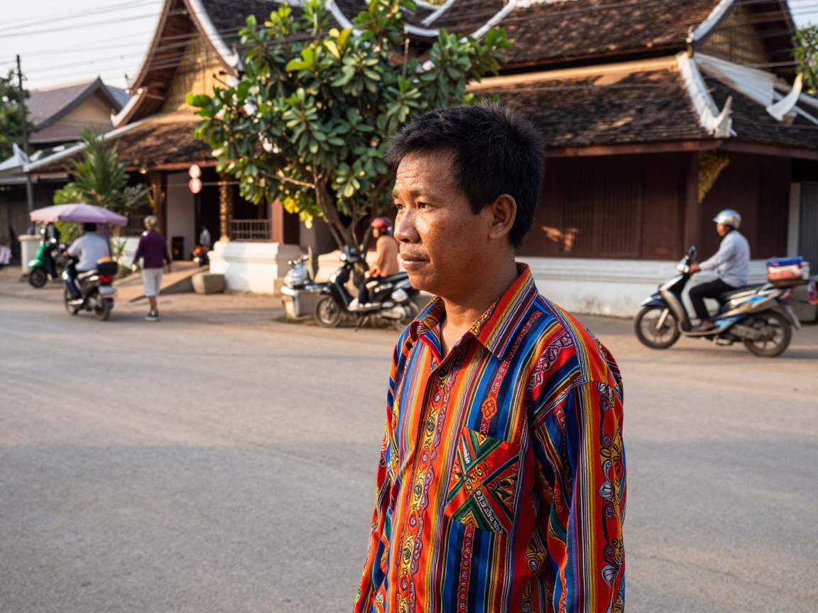 Colorful High Fashion 1970s Luang Prabang Street Scene with Amulet and Clay Pot in in Luang Prabang, Laos