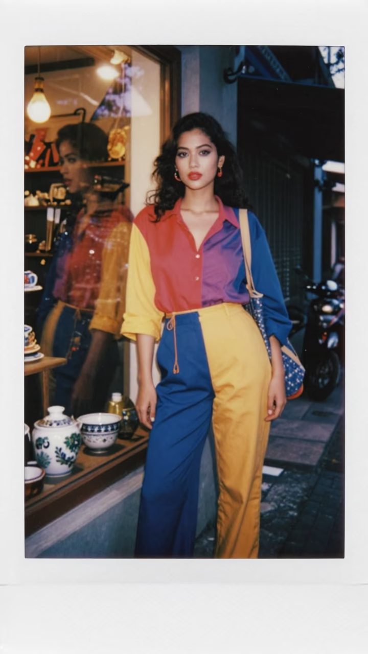 Colorful High Fashion 1990s Street Style Portrait in Denpasar Indonesia Evening in in Denpasar, Indonesia